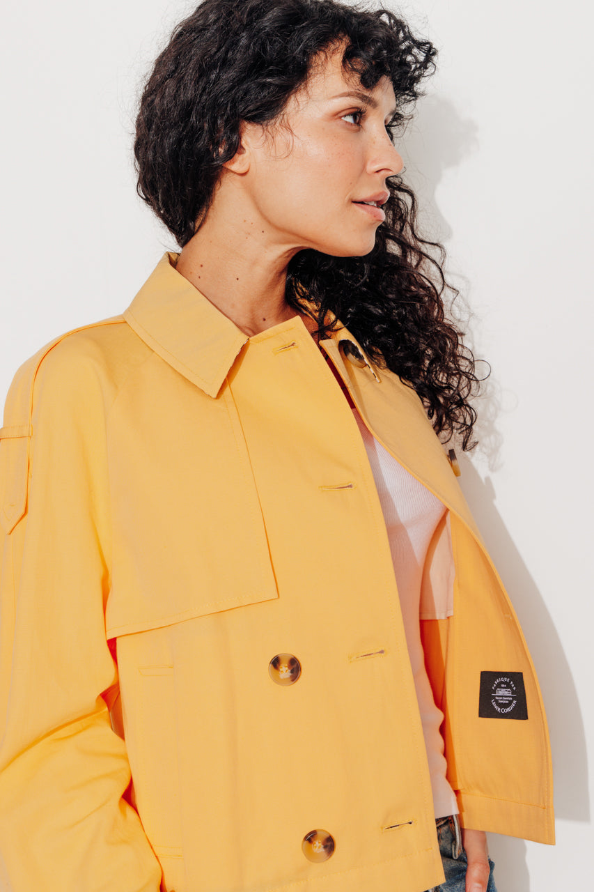 BOVELLE short coat in yellow trench style-Short trench coat in yellow cotton