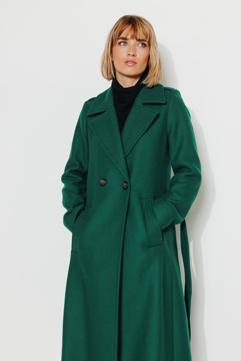 Manteau long femme hiver ceinturé en laine vierge vert- Trench