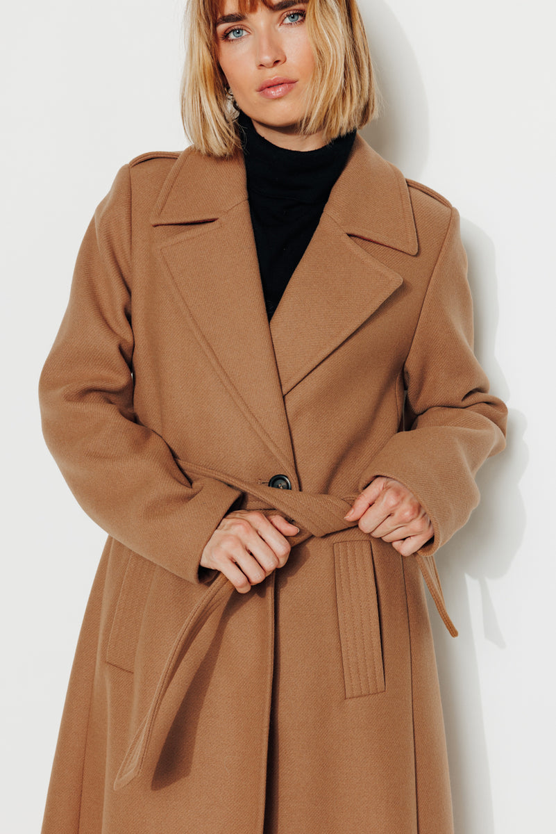 Women's long winter belted coat in camel virgin wool Trench &amp