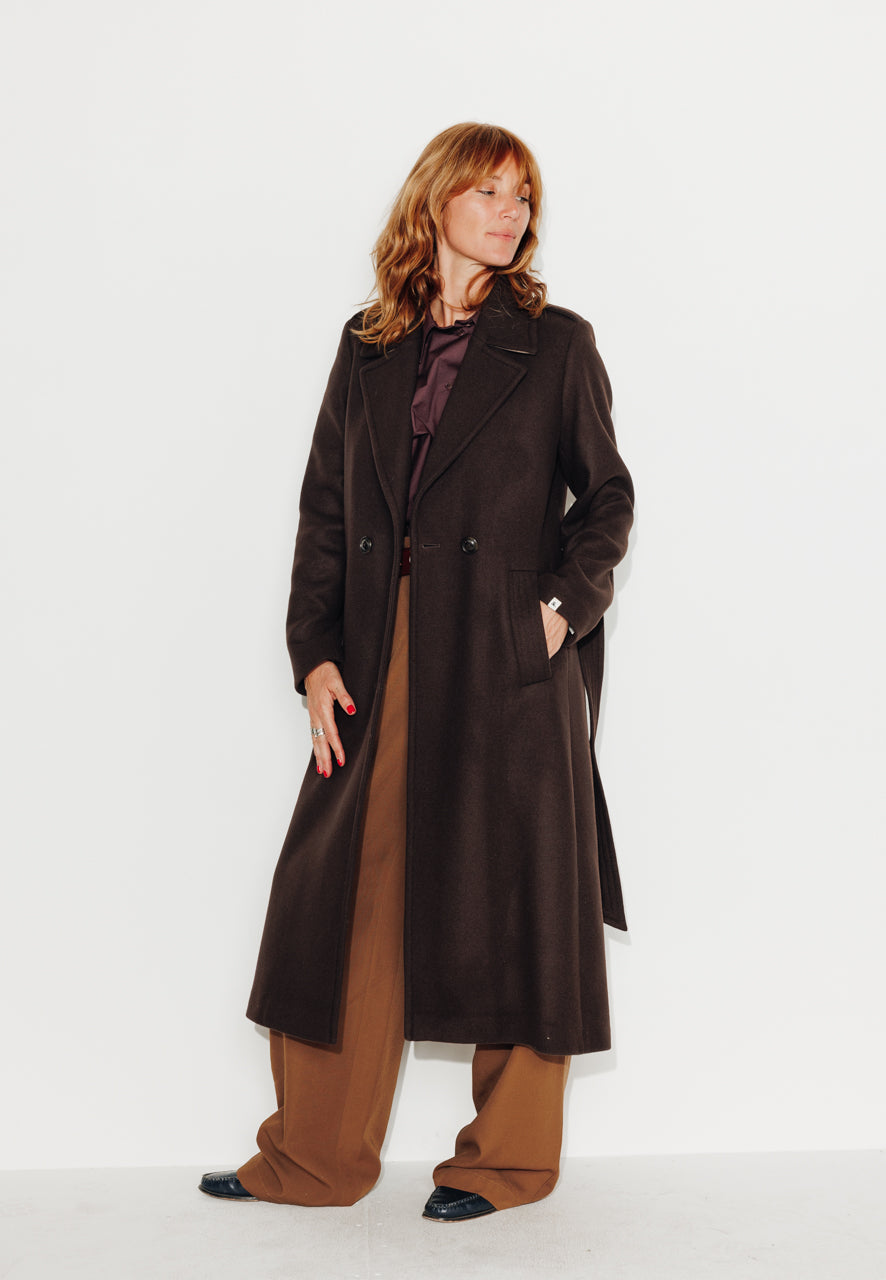 PRECIEUX - PRECIEUX - Manteau long ceinturé en drap de laine vierge marron Marron / Brown - Trench & Coat