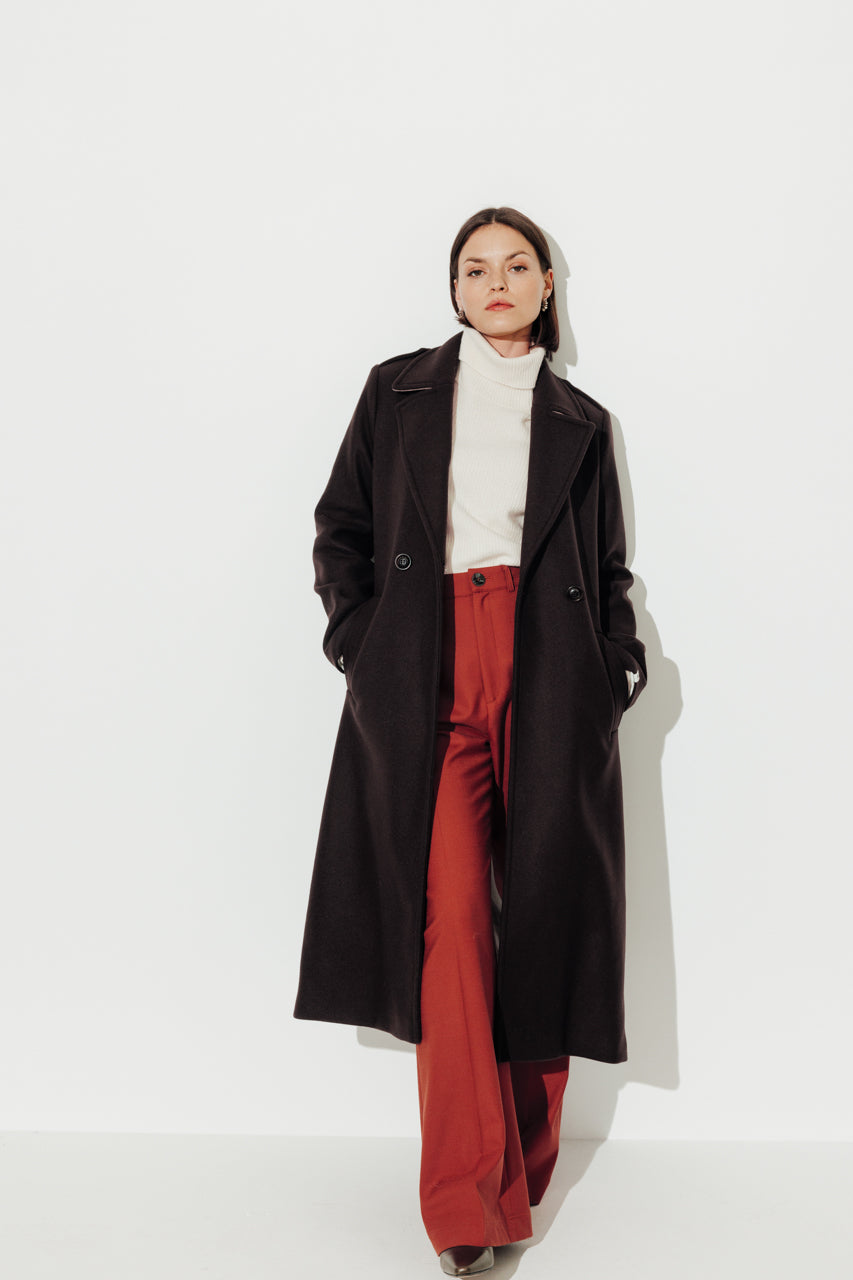 PRECIEUX - PRECIEUX - Manteau long ceinturé en drap de laine vierge marron Marron / Brown - Trench & Coat