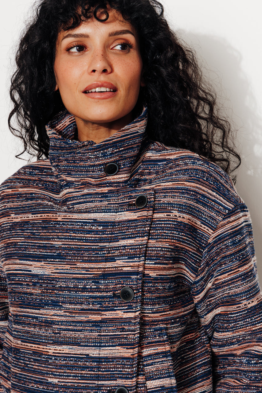 SOFAR - Manteau court oversize en jacquard rayé MARINE/CORAIL - Trench & Coat