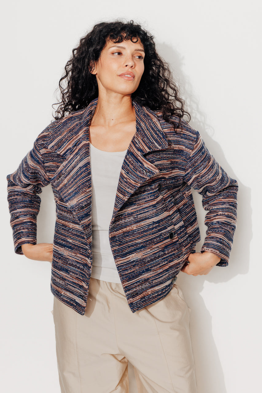 SOFAR - SOFAR - Manteau court oversize en jacquard rayé MARINE/CORAIL - Trench & Coat