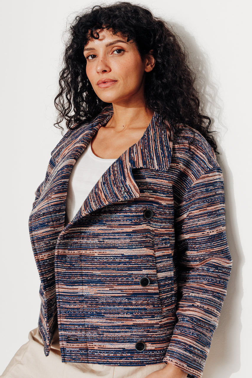 SOFAR - SOFAR - Manteau court oversize en jacquard rayé MARINE/CORAIL - Trench & Coat