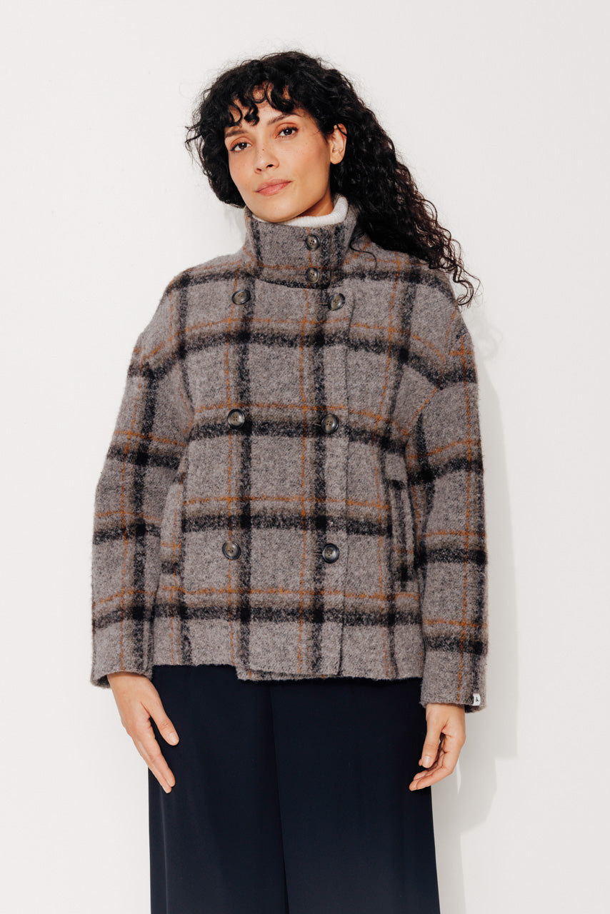 PLUMERIA - PLUMERIA - Manteau court oversize en bouclette de laine à carreaux gris VISONMARRON - Trench & Coat