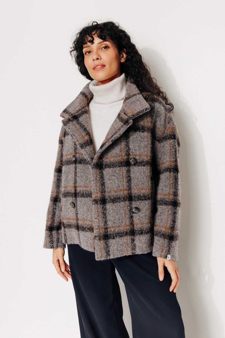 PLUMERIA - PLUMERIA - Manteau court oversize en bouclette de laine à carreaux gris VISONMARRON - Trench & Coat