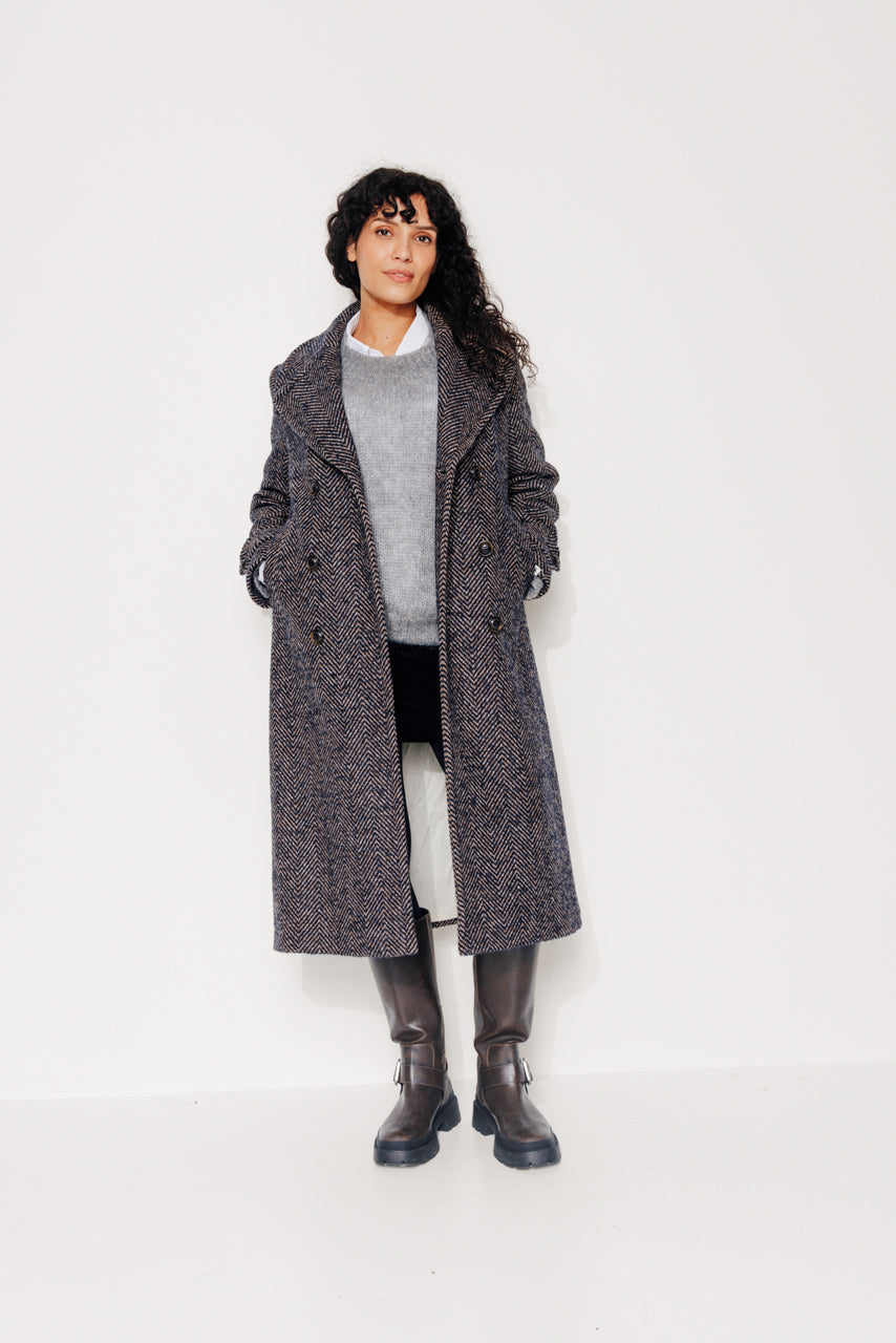MONSTERA - MONSTERA - Manteau long droit en chevron chiné bleu MARINE - Trench & Coat