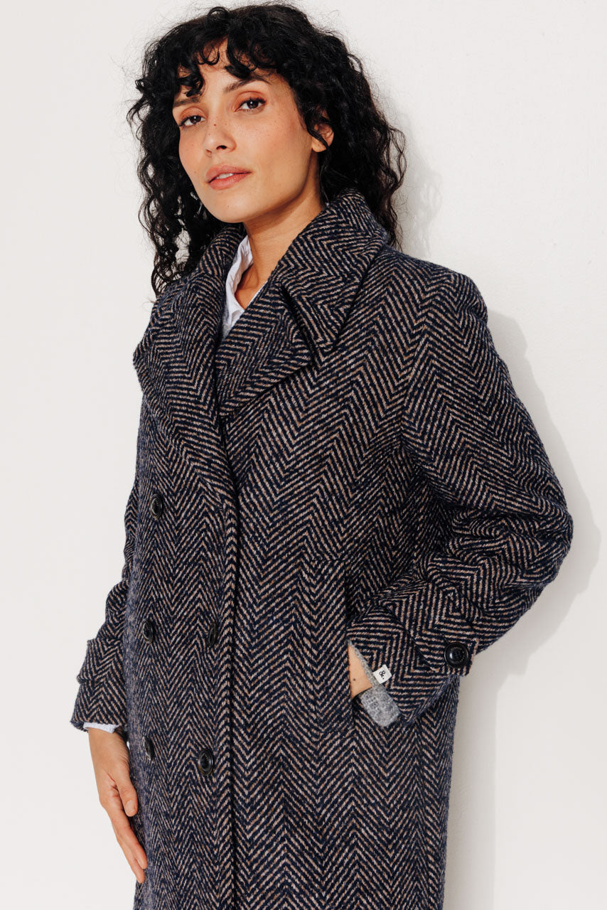 MONSTERA - MONSTERA - Manteau long droit en chevron chiné bleu MARINE - Trench & Coat