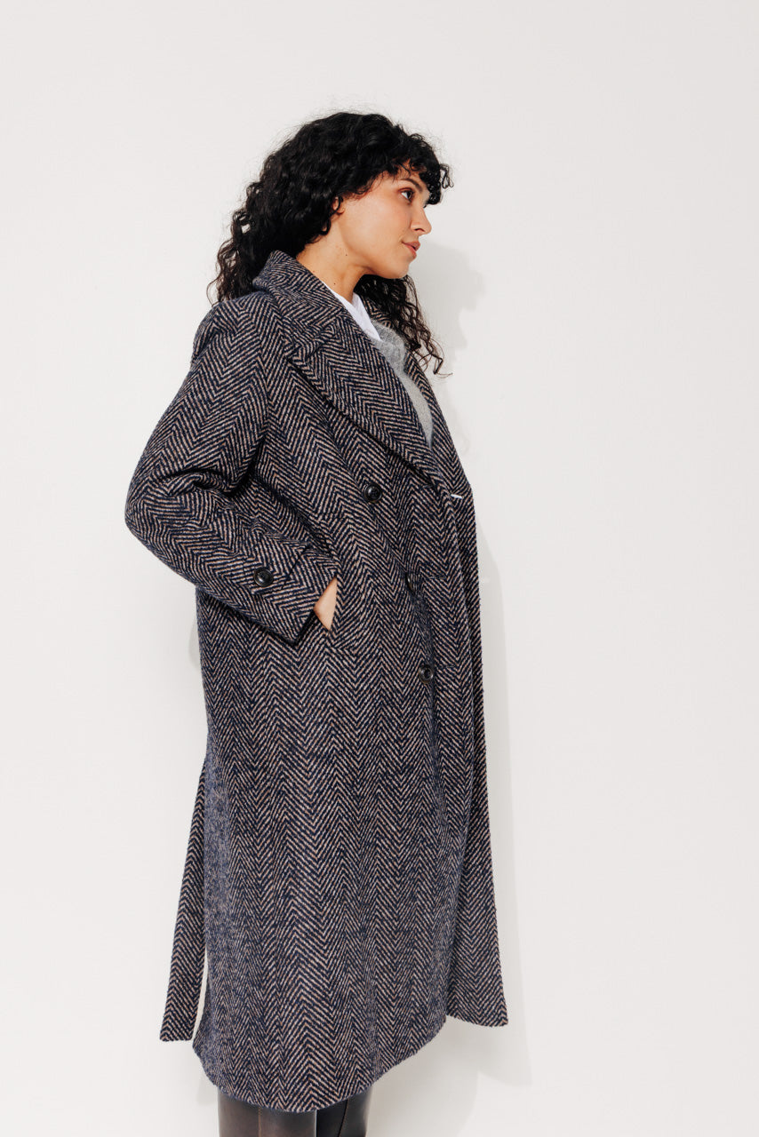 MONSTERA - MONSTERA - Manteau long droit en chevron chiné bleu MARINE - Trench & Coat