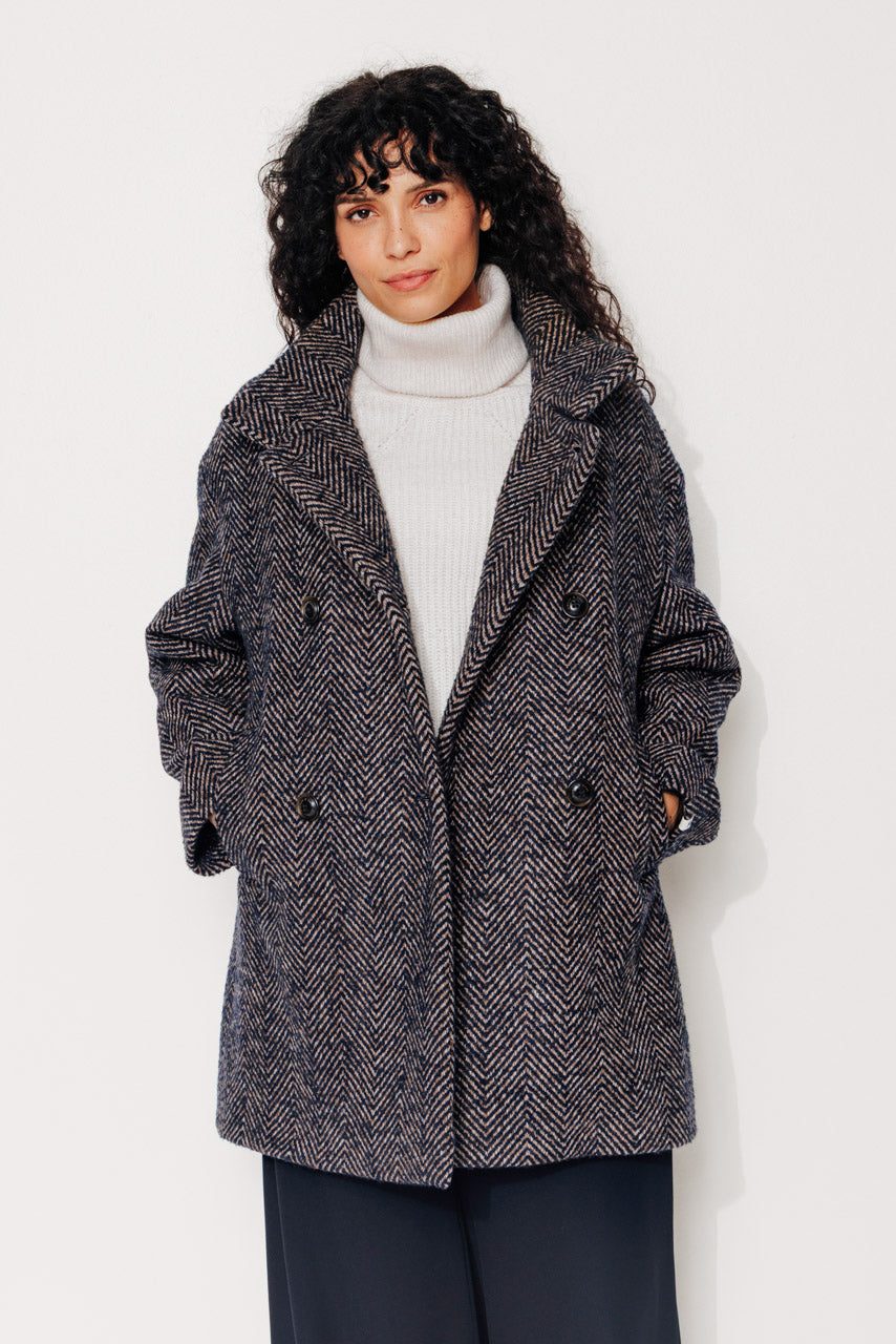 COTINUS - COTINUS - Manteau mi-long en lainage chevron chiné bleu MARINE - Trench & Coat