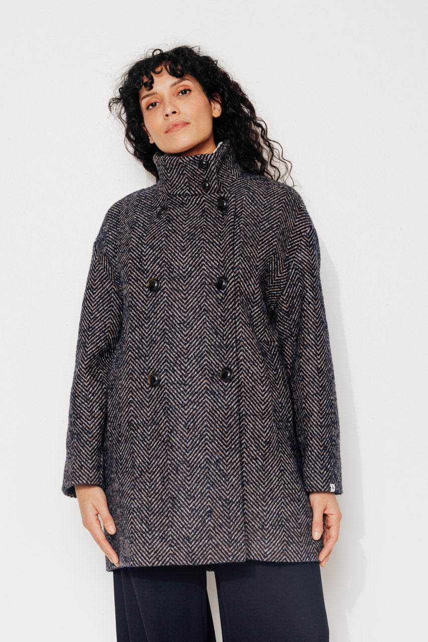 COTINUS - COTINUS - Manteau mi-long en lainage chevron chiné bleu MARINE - Trench & Coat