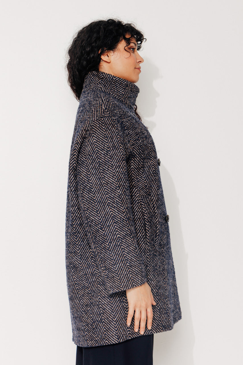 COTINUS - COTINUS - Manteau mi-long en lainage chevron chiné bleu MARINE - Trench & Coat