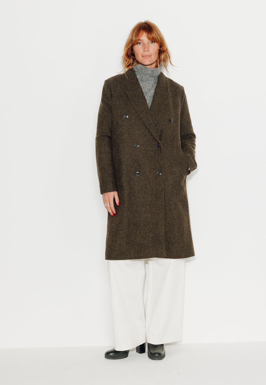 PEUPLIER - PEUPLIER - Manteau mi long en drap de laine shetland marron ECORCE - Trench & Coat