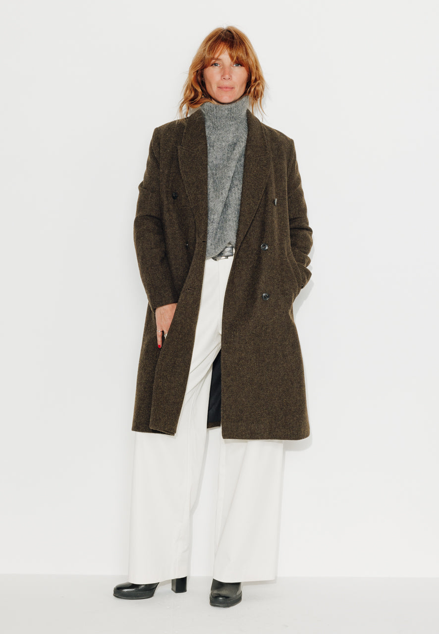 PEUPLIER - PEUPLIER - Manteau mi long en drap de laine shetland marron ECORCE - Trench & Coat