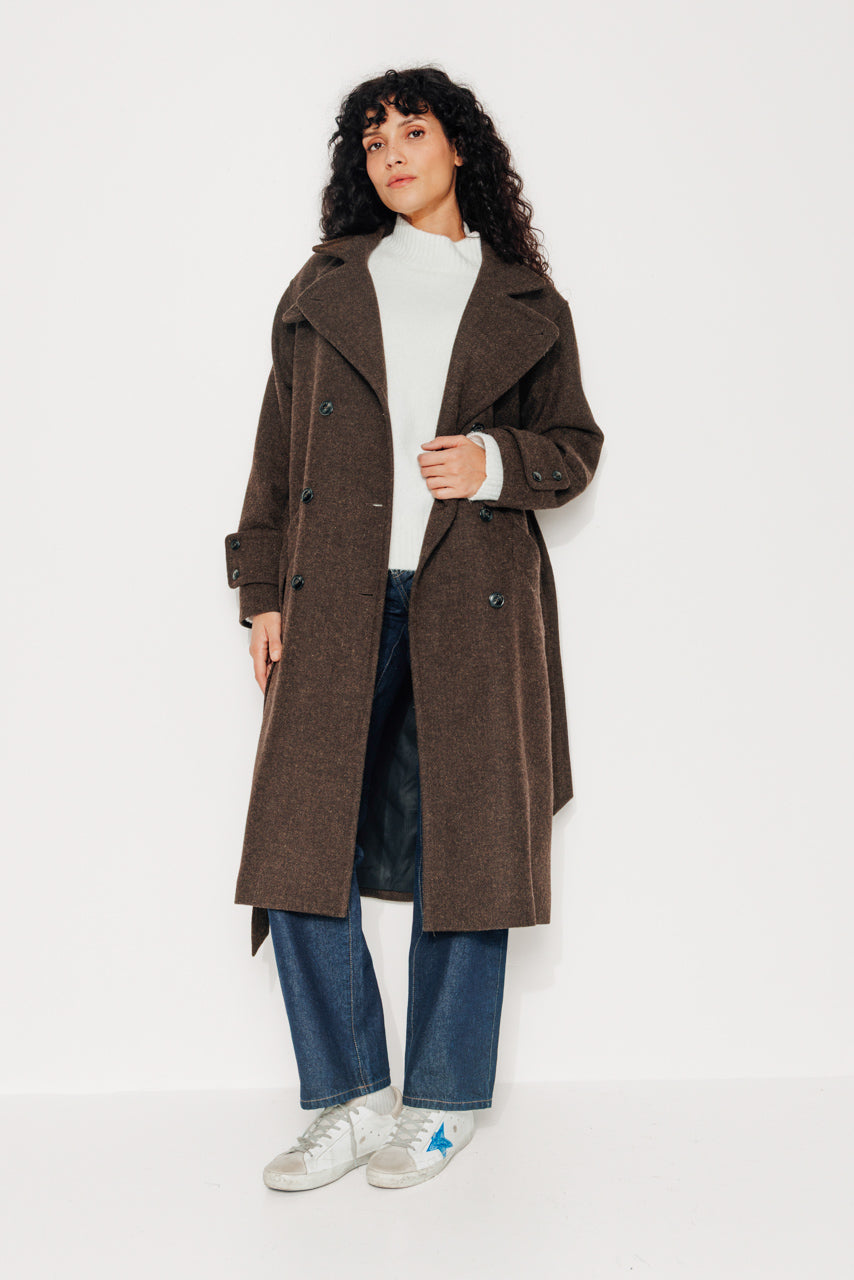 PLATANE - PLATANE - Manteau long en drap de laine shetland marron ECORCE - Trench & Coat