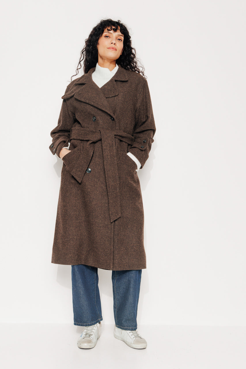 PLATANE - PLATANE - Manteau long en drap de laine shetland marron ECORCE - Trench & Coat