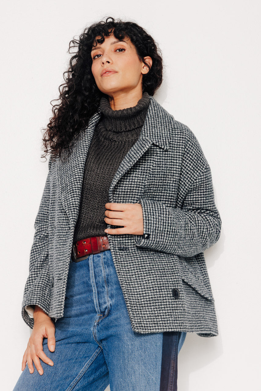 MURIER - MURIER - Manteau court oversize esprit caban en laine vierge vichy gris NOIR ECRU - Trench & Coat