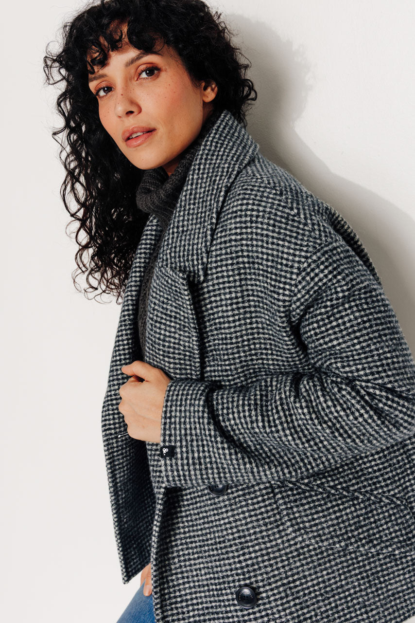 MURIER - MURIER - Manteau court oversize esprit caban en laine vierge vichy gris NOIR ECRU - Trench & Coat