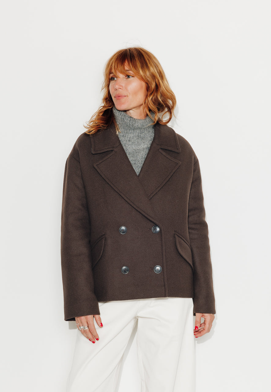 MURIER - MURIER - Manteau court oversize en drap de laine vierge marron ECORCE - Trench & Coat