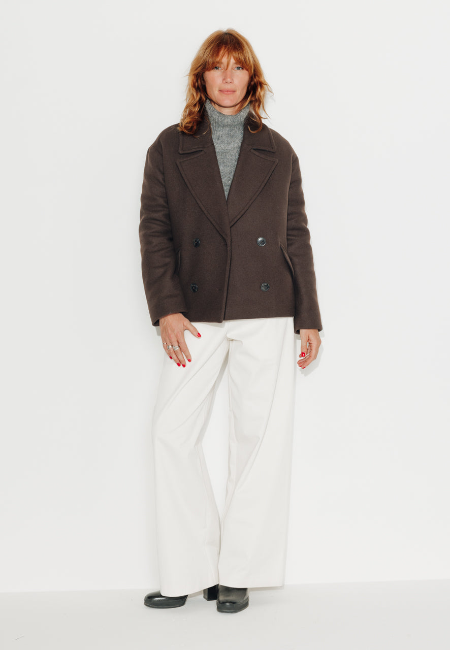 MURIER - MURIER - Manteau court oversize en drap de laine vierge marron ECORCE - Trench & Coat