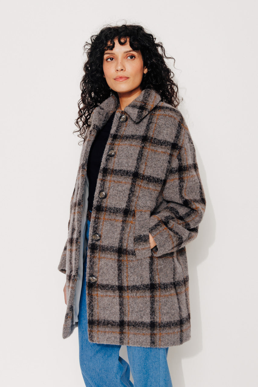 TULIPIER - TULIPIER - Manteau mi-long oversize en bouclette de laine à carreaux gris VISONMARRON - Trench & Coat