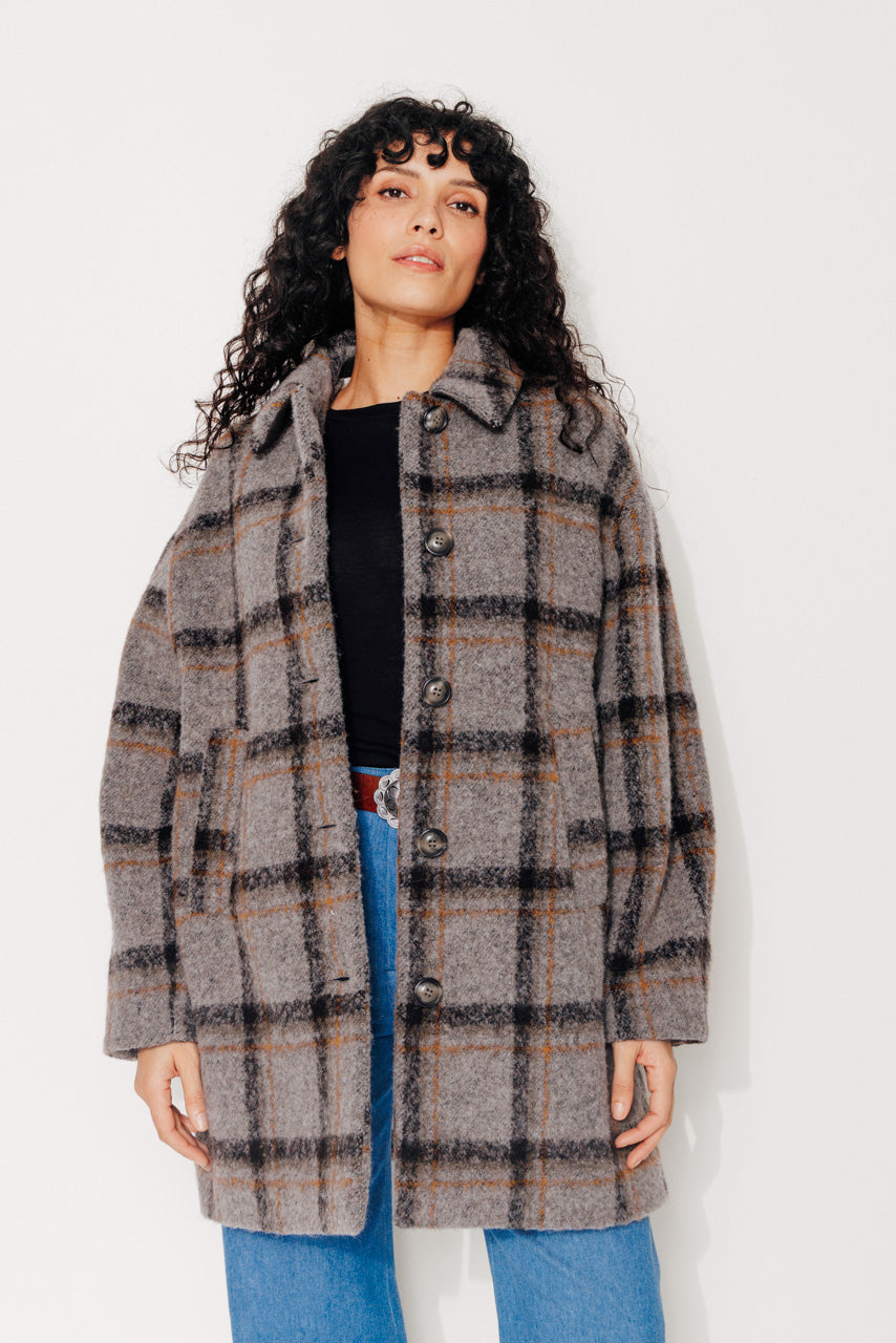 TULIPIER - TULIPIER - Manteau mi-long oversize en bouclette de laine à carreaux gris VISONMARRON - Trench & Coat
