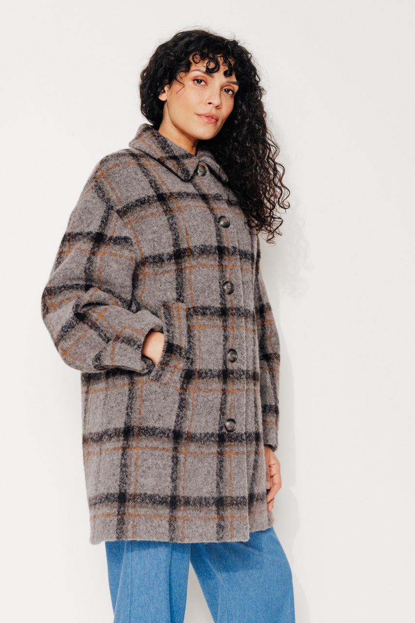 TULIPIER - TULIPIER - Manteau mi-long oversize en bouclette de laine à carreaux gris VISONMARRON - Trench & Coat