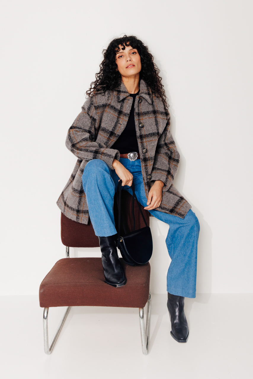 TULIPIER - TULIPIER - Manteau mi-long oversize en bouclette de laine à carreaux gris VISONMARRON - Trench & Coat
