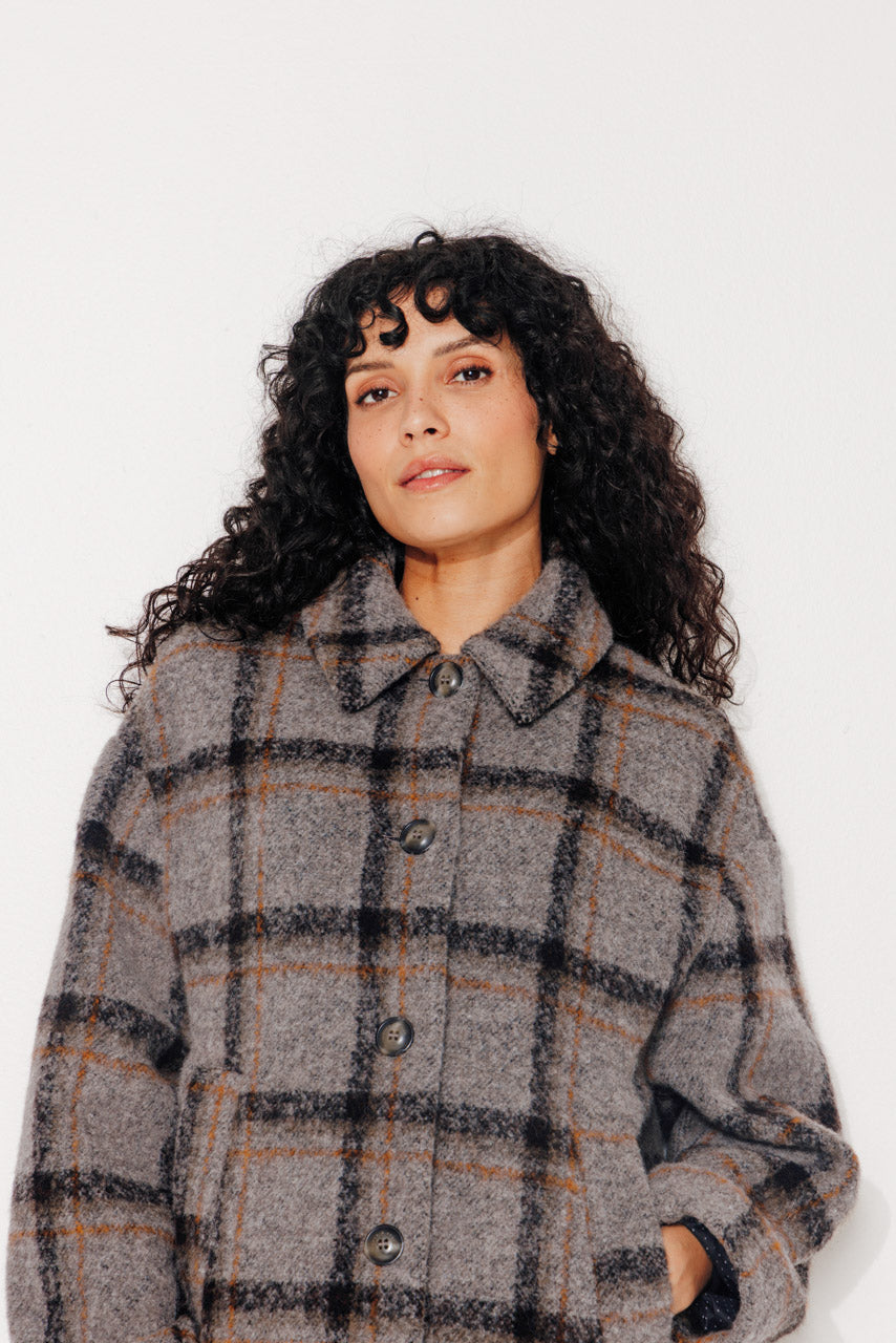 TULIPIER - TULIPIER - Manteau mi-long oversize en bouclette de laine à carreaux gris VISONMARRON - Trench & Coat
