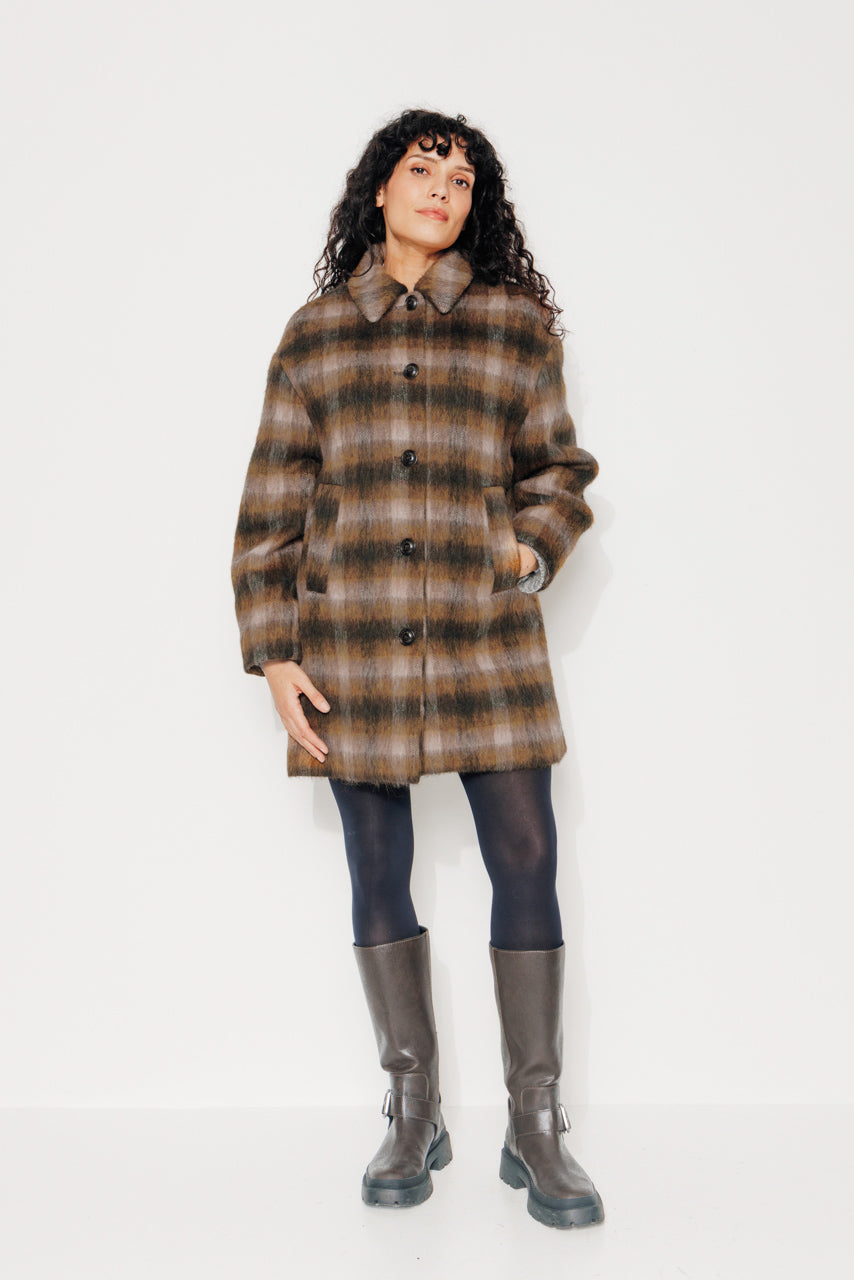 TULIPIER - TULIPIER - Manteau mi-long oversize esprit surveste en lainage à carreaux marron BRULE - Trench & Coat