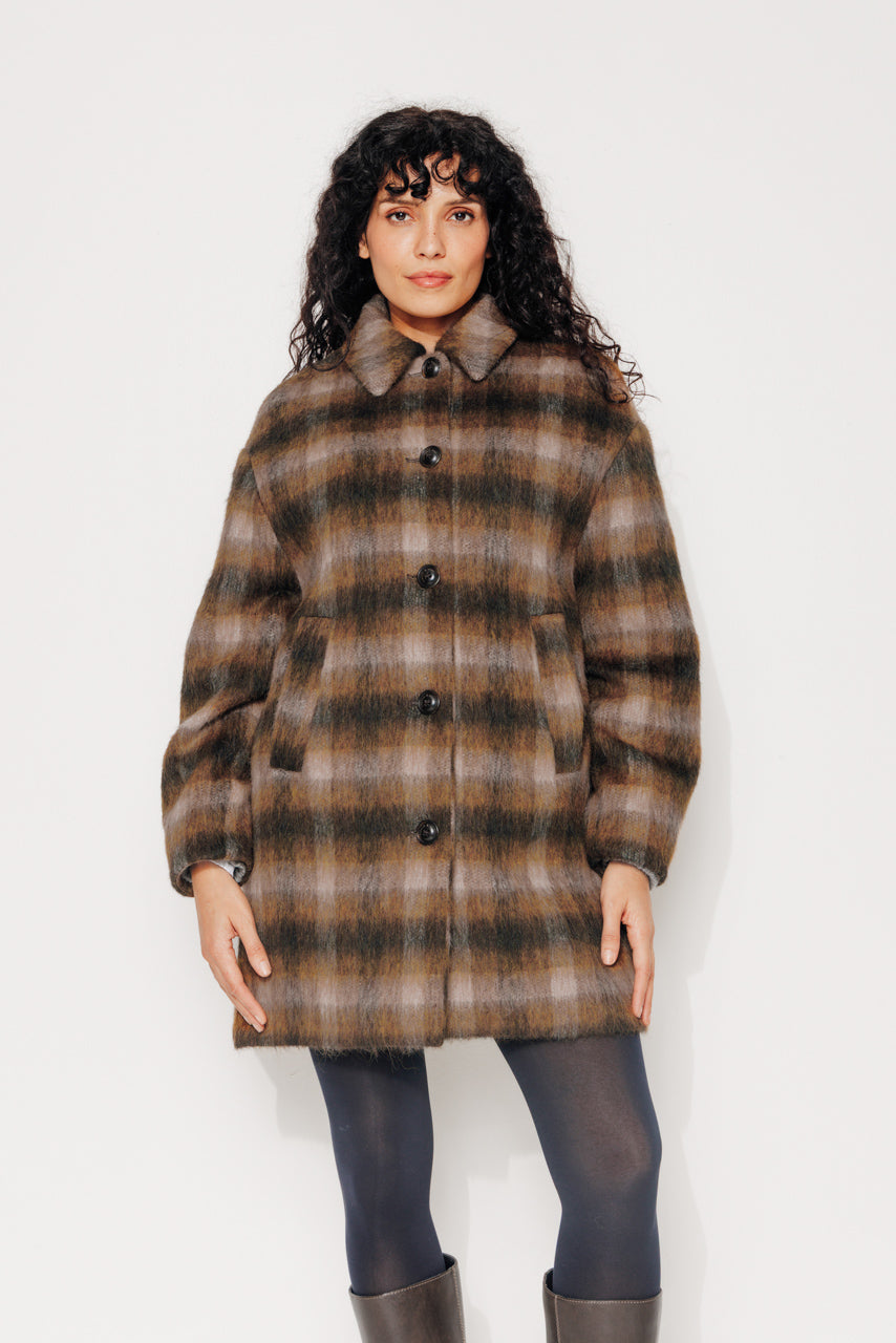 TULIPIER - TULIPIER - Manteau mi-long oversize esprit surveste en lainage à carreaux marron BRULE - Trench & Coat