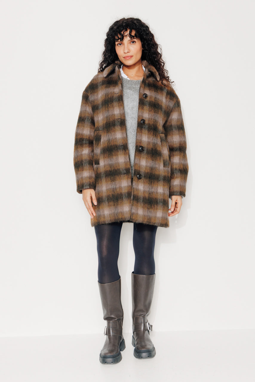 TULIPIER - TULIPIER - Manteau mi-long oversize esprit surveste en lainage à carreaux marron BRULE - Trench & Coat