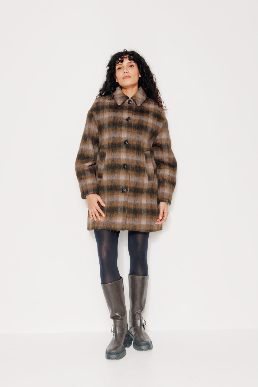 TULIPIER - TULIPIER - Manteau mi-long oversize esprit surveste en lainage à carreaux marron BRULE - Trench & Coat