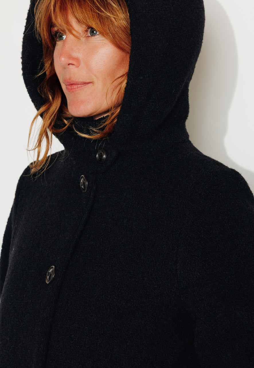 NEFLIER - NEFLIER - Manteau mi-long à capuche en bouclette de laine vierge noir NOIR - Trench & Coat