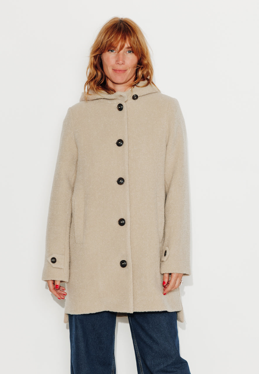 NEFLIER - NEFLIER - Manteau mi-long à capuche en bouclette de laine vierge beige SABLE - Trench & Coat