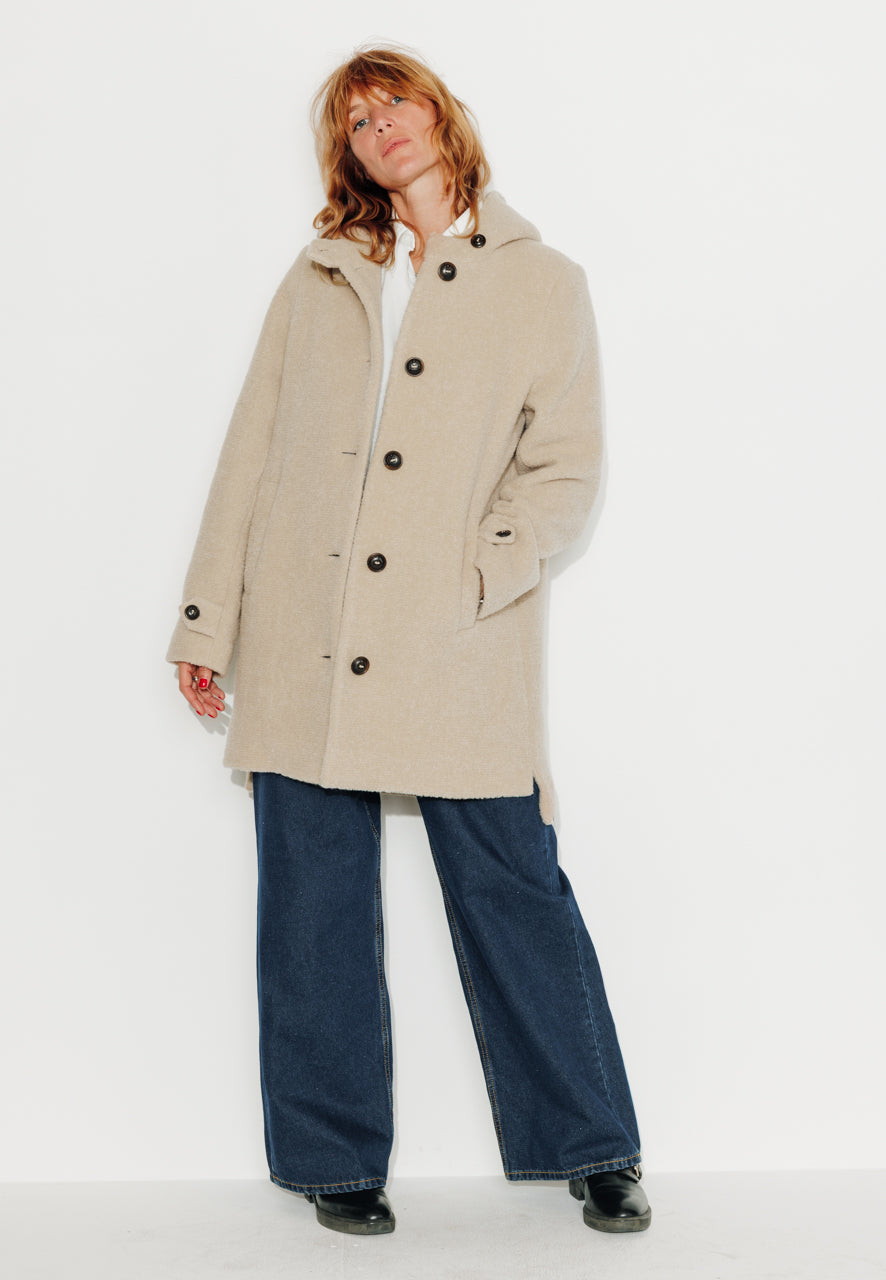 NEFLIER - NEFLIER - Manteau mi-long à capuche en bouclette de laine vierge beige SABLE - Trench & Coat