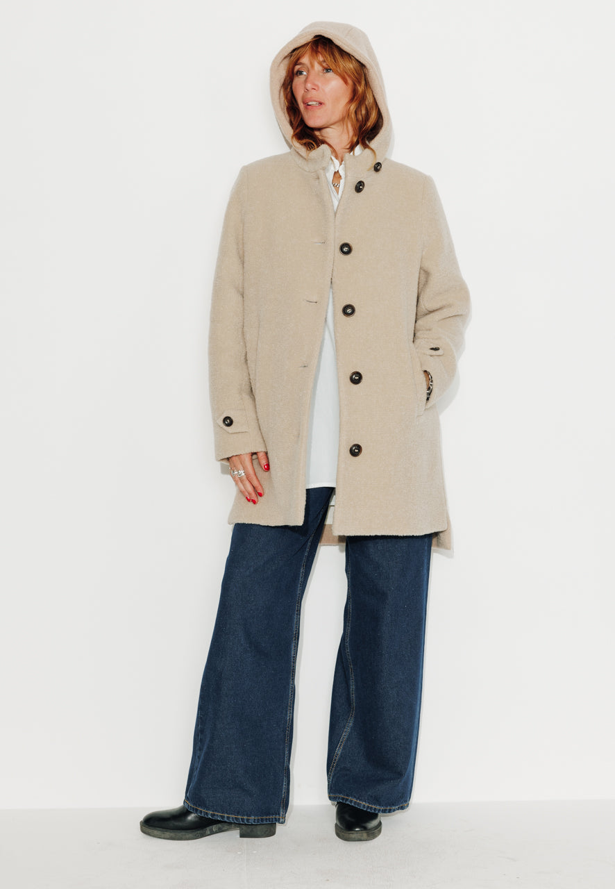 NEFLIER - NEFLIER - Manteau mi-long à capuche en bouclette de laine vierge beige SABLE - Trench & Coat
