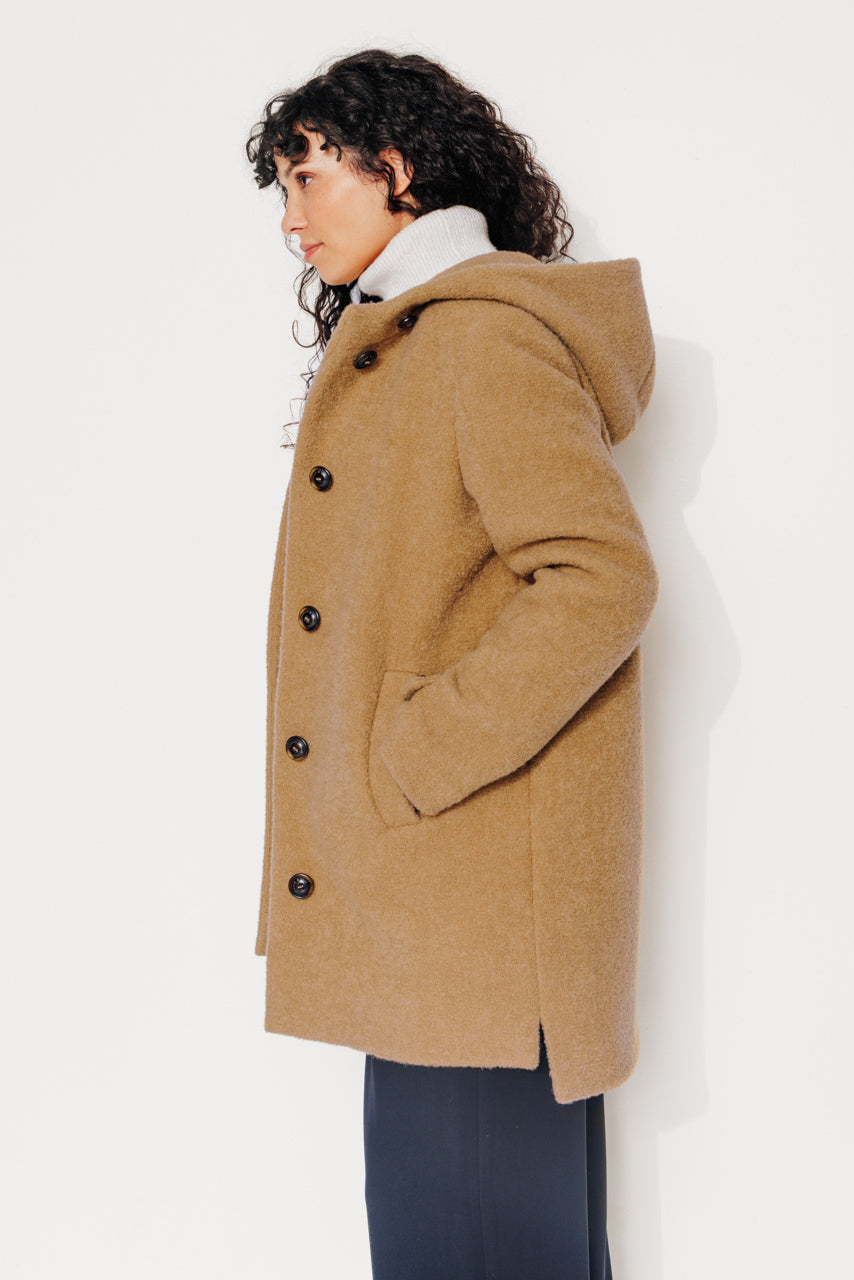 NEFLIER - NEFLIER - Manteau mi-long à capuche en bouclette de laine vierge moutarde MOUTARDE - Trench & Coat