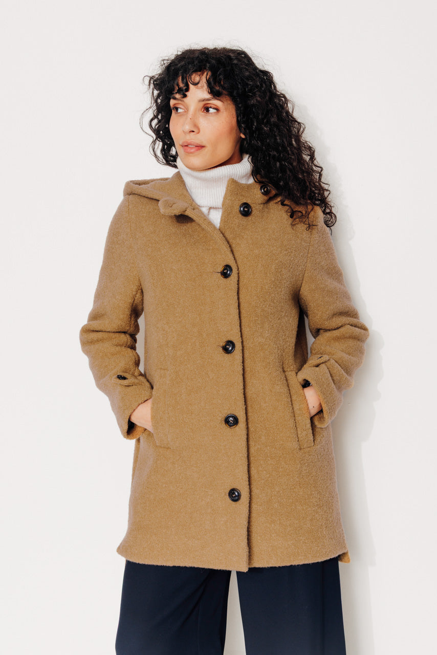 NEFLIER - NEFLIER - Manteau mi-long à capuche en bouclette de laine vierge moutarde MOUTARDE - Trench & Coat