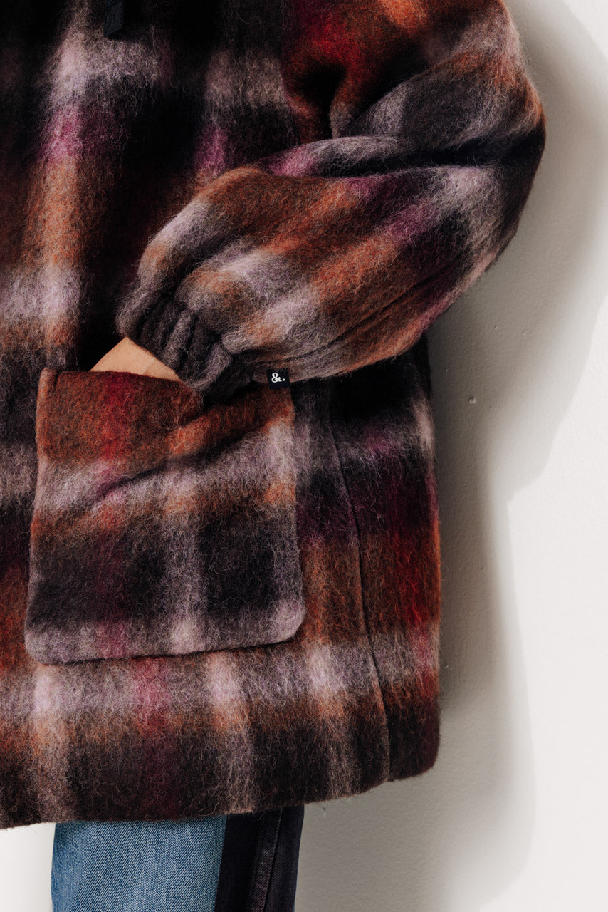 CAROUBIER - CAROUBIER - Manteau court oversize esprit parka en lainage à carreaux bordeaux BRULE/BORDEA - Trench & Coat