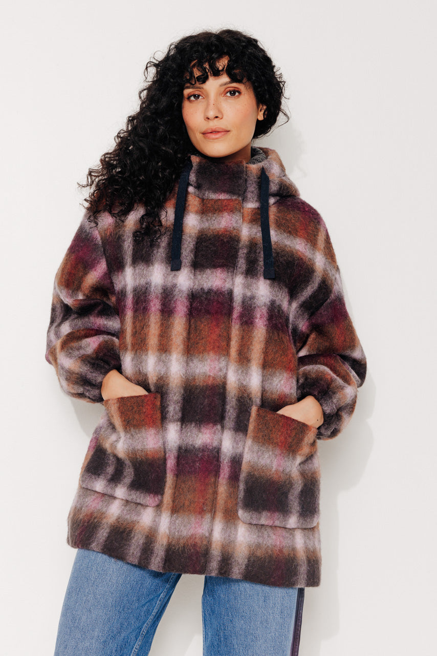 CAROUBIER - CAROUBIER - Manteau court oversize esprit parka en lainage à carreaux bordeaux BRULE/BORDEA - Trench & Coat