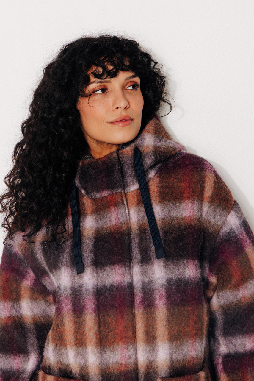 CAROUBIER - CAROUBIER - Manteau court oversize esprit parka en lainage à carreaux bordeaux BRULE/BORDEA - Trench & Coat