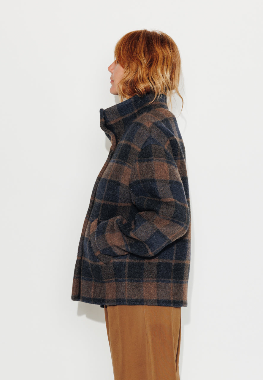 CABRILLET - CABRILLET - Manteau court oversize en lainage à carreaux marron et bleu BLEU/MARRON - Trench & Coat