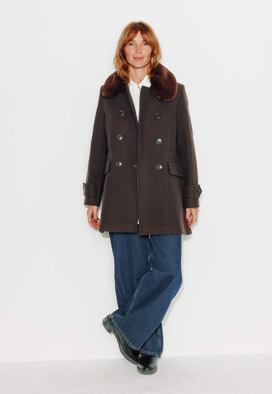 ALISIER - ALISIER - Manteau mi long en drap de laine vierge marron ECORCE - Trench & Coat