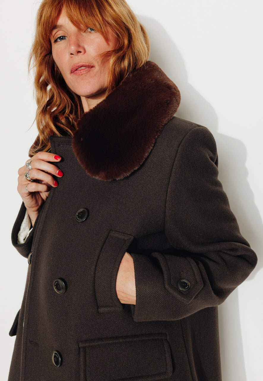 ALISIER - ALISIER - Manteau mi long en drap de laine vierge marron ECORCE - Trench & Coat