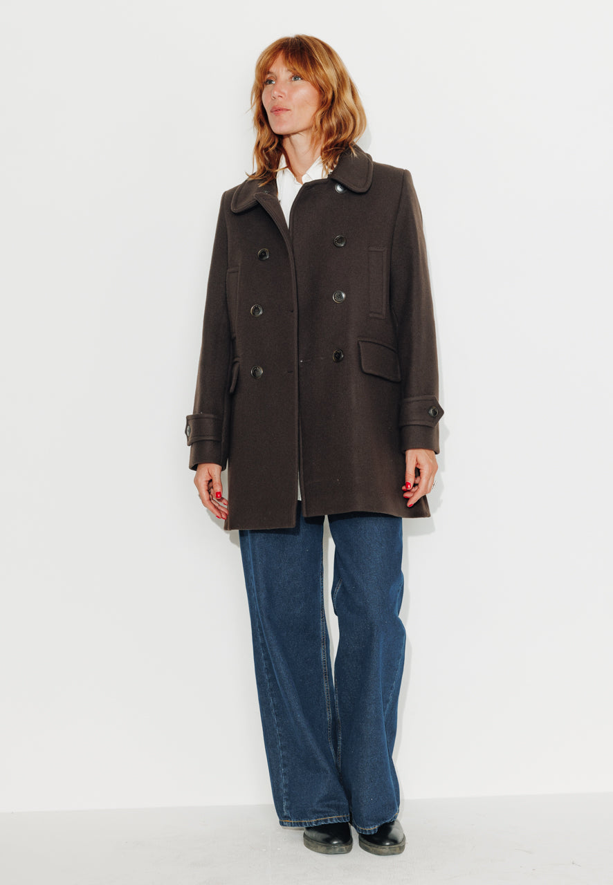 ALISIER - ALISIER - Manteau mi long en drap de laine vierge marron ECORCE - Trench & Coat