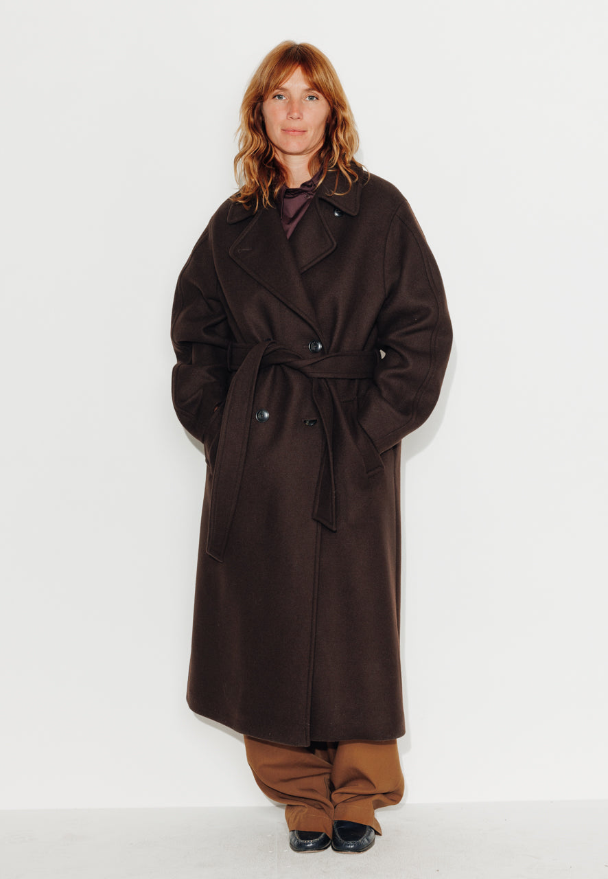 LONGTROENE - LONGTROENE - Manteau long oversize en drap de laine vierge marron ECORCE - Trench & Coat