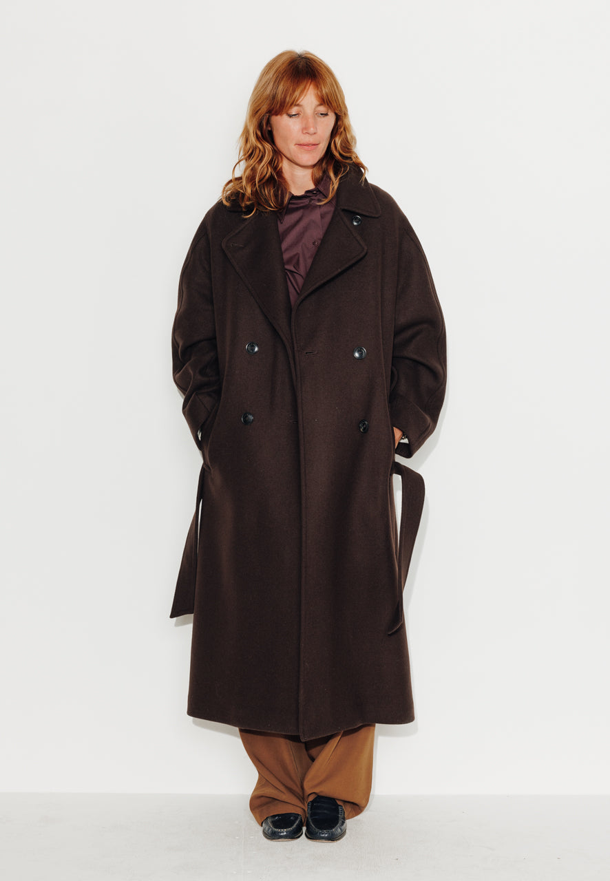 LONGTROENE - LONGTROENE - Manteau long oversize en drap de laine vierge marron ECORCE - Trench & Coat
