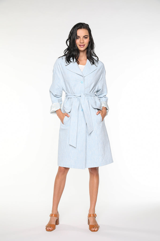 Trench BEAUPUY-Trench bleu ciel en coton et lin