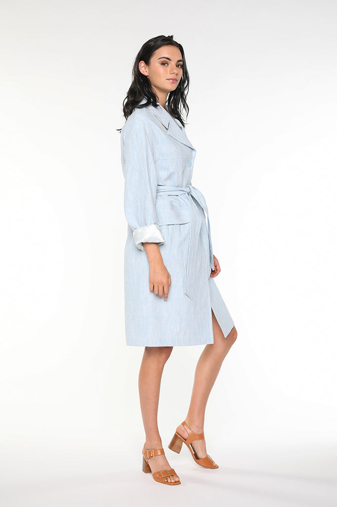 Trench BEAUPUY-Trench bleu ciel en coton et lin